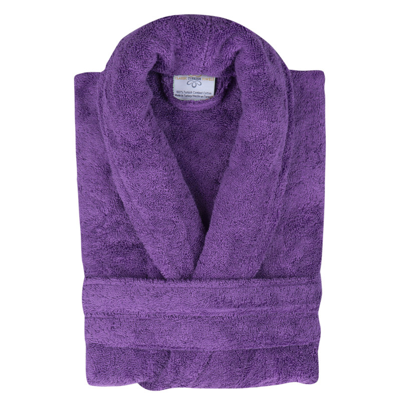 100% Turkish Cotton Terry Cloth Unisex Ankle Bathrobe with Pockets, L, Purple