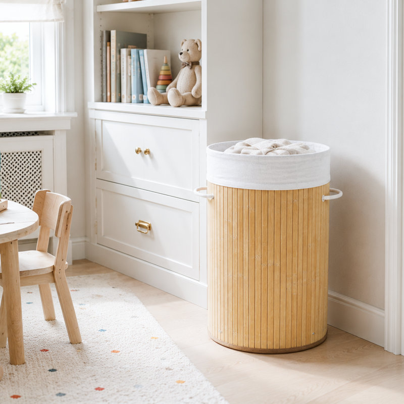Panier à linge rond en bambou avec couvercle, doublure en tissu et poignées en corde, panier de rangement décoratif, Natural