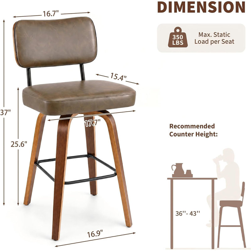 Tabourets de bar pivotants de 66 cm (26 po), avec dossier et pieds en bois courbé, Brun, 2