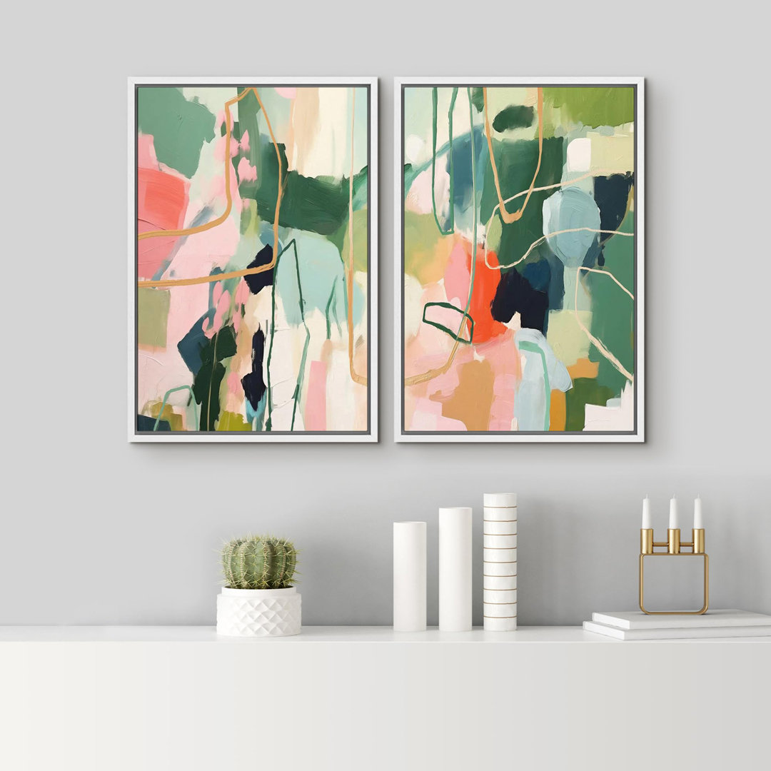 " Pastel Watercolor Green " 2 - Pieces on Canvas wall26 Frame 