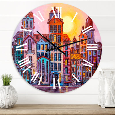 Scène de rue dans la vieille ville avec des bâtiments colorés - horloge murale moderne Mid-Century