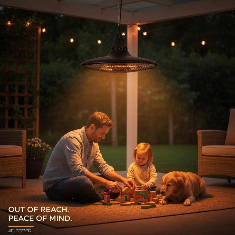 Hanging Patio Heater for Outdoor Use, 1500W Carbon Fiber Infrared Electric Ceiling Mounted Heater with Remote Control, Aluminum, Quiet Radiant Heat