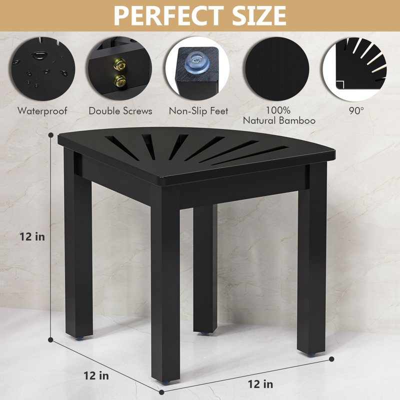 Bamboo Corner Shower Foot Rest Stool For Shaving Legs, 12 Inch Non-Slip Waterproof Small Corner Shower Bench For Bathroom Bath Seat Spa, Black