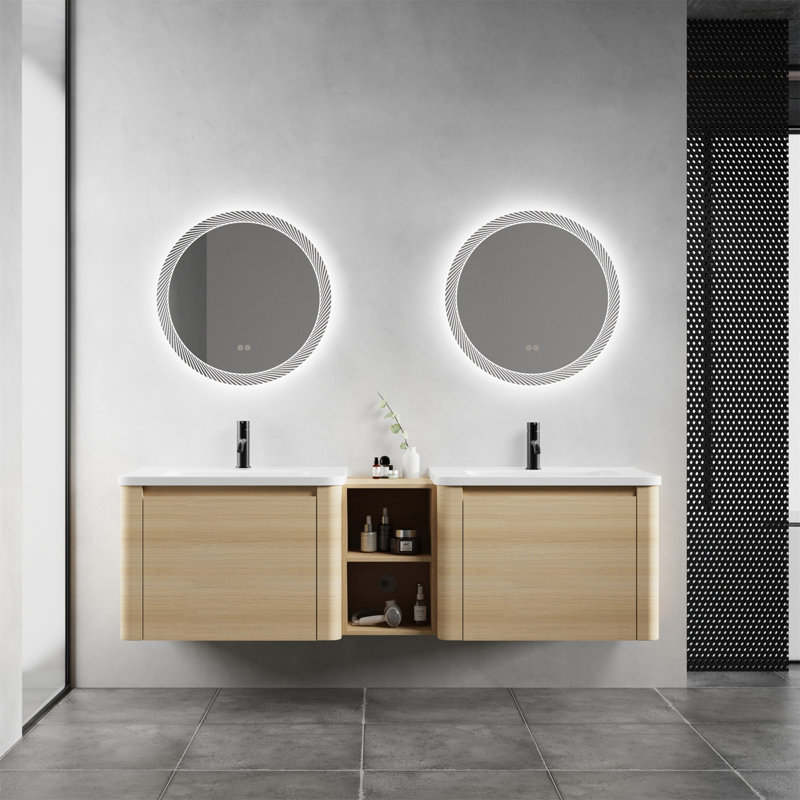 Meuble-lavabo mural 68 po - lavabo en céramique blanche, tablettes de rangement, 2 portes à fermeture en douceur, emballage en kd, contreplaqué et chêne blanc américain