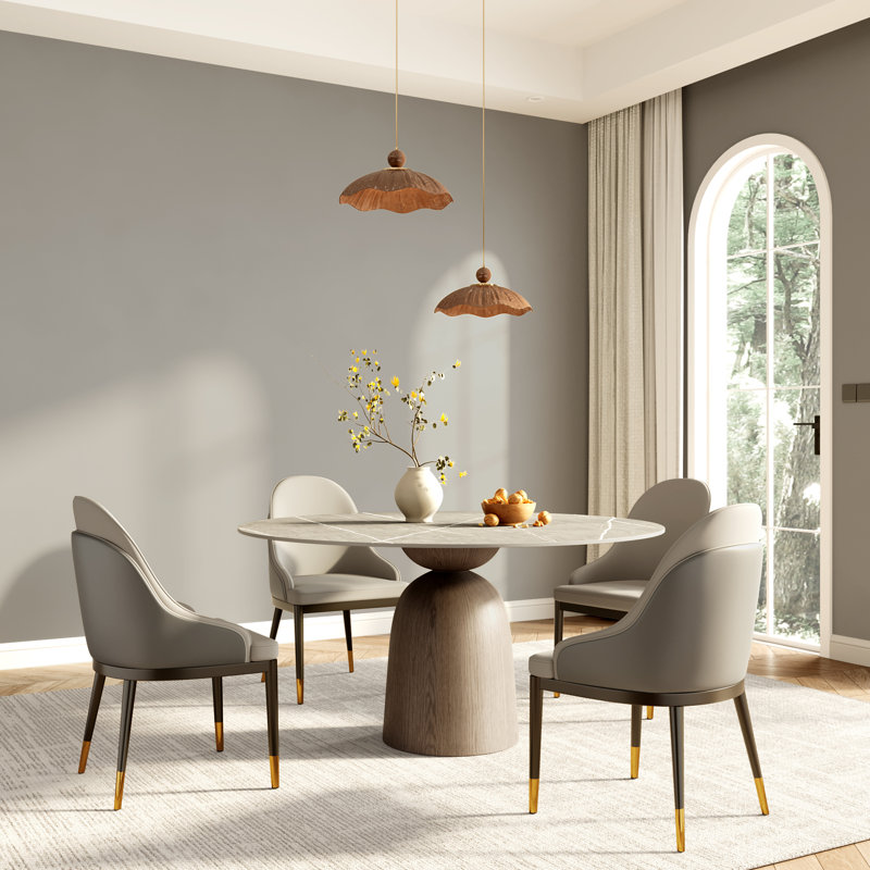 Ensemble de salle à manger 5 pièces rond en noyer foncé avec plateau gris 53 po et chaises rembourrées