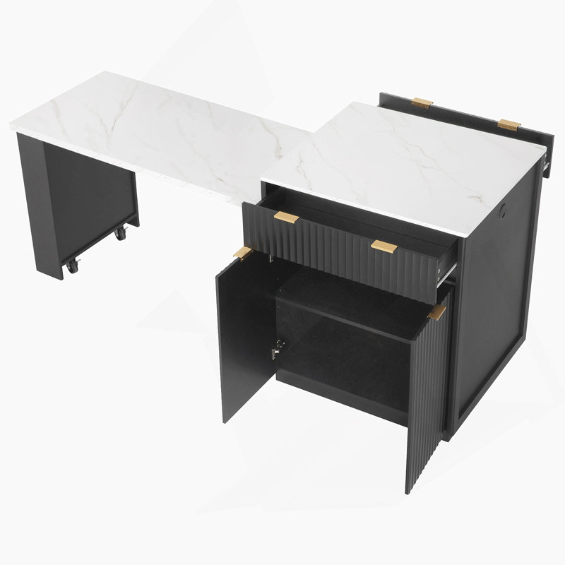 Îlot de cuisine cannelé 82,6 po avec table de salle à manger extensible pour 4 à 6 personnes, table d'îlot de cuisine avec prise de courant, table de cuisine avec rangement double, 2 tiroirs et 2 tablettes ouvertes latérales, noir