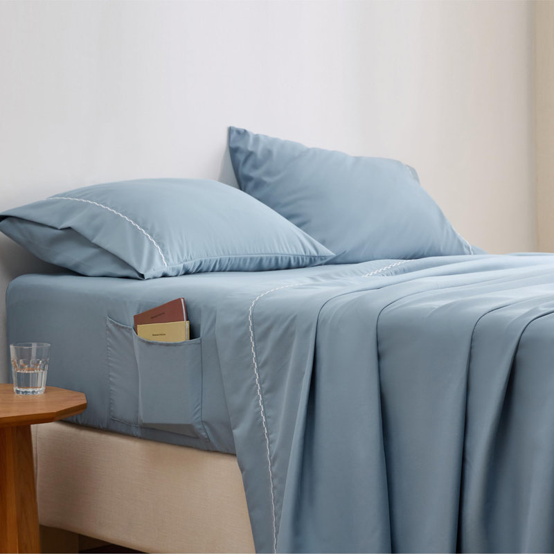 Ensemble de draps avec poche latérale, Ensemble de drap grand avec un drap-housse et deux, Bleu minéral