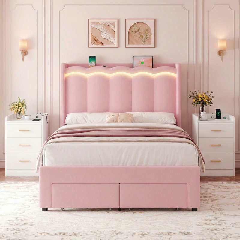 Ensemble de chambre à coucher 3 pièces, lit de rangement rembourré avec tablette ouverte, 2 tables de chevet avec 3 tiroirs