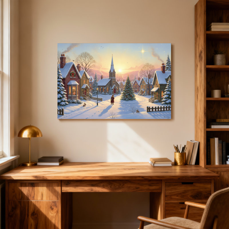 Scène de Noël au coucher du soleil, H 12 po x l 18 po