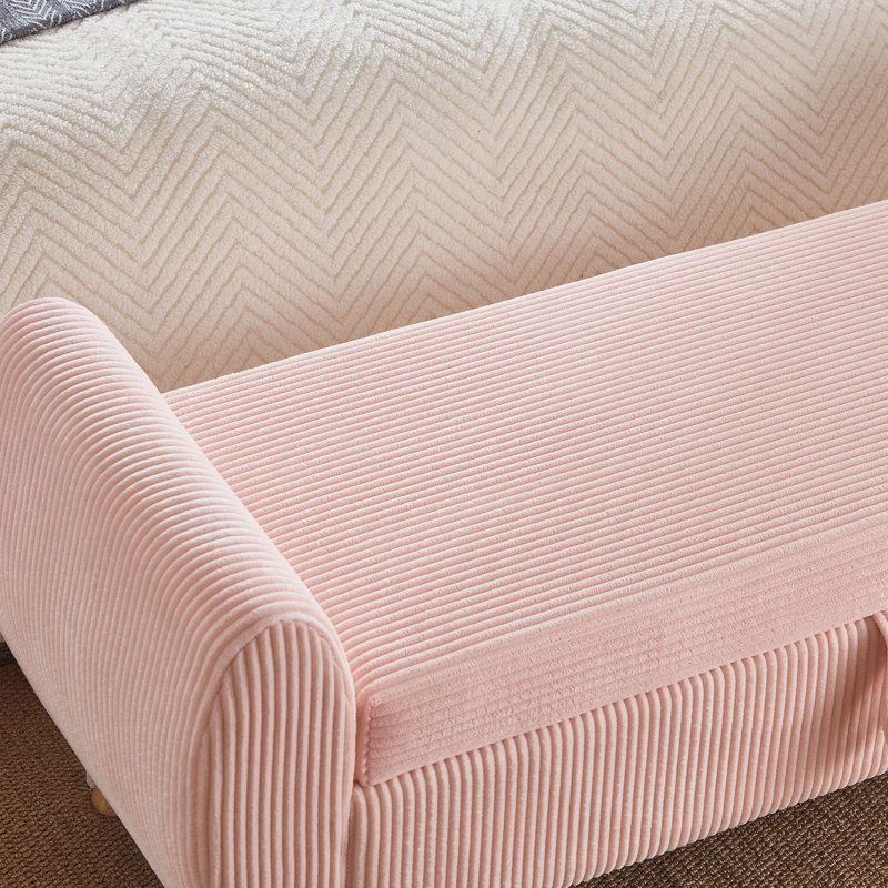Banc rembourré en velours côtelé de 57 po de conception moderne avec pieds en bois pour chambre à coucher, Rose, Rose