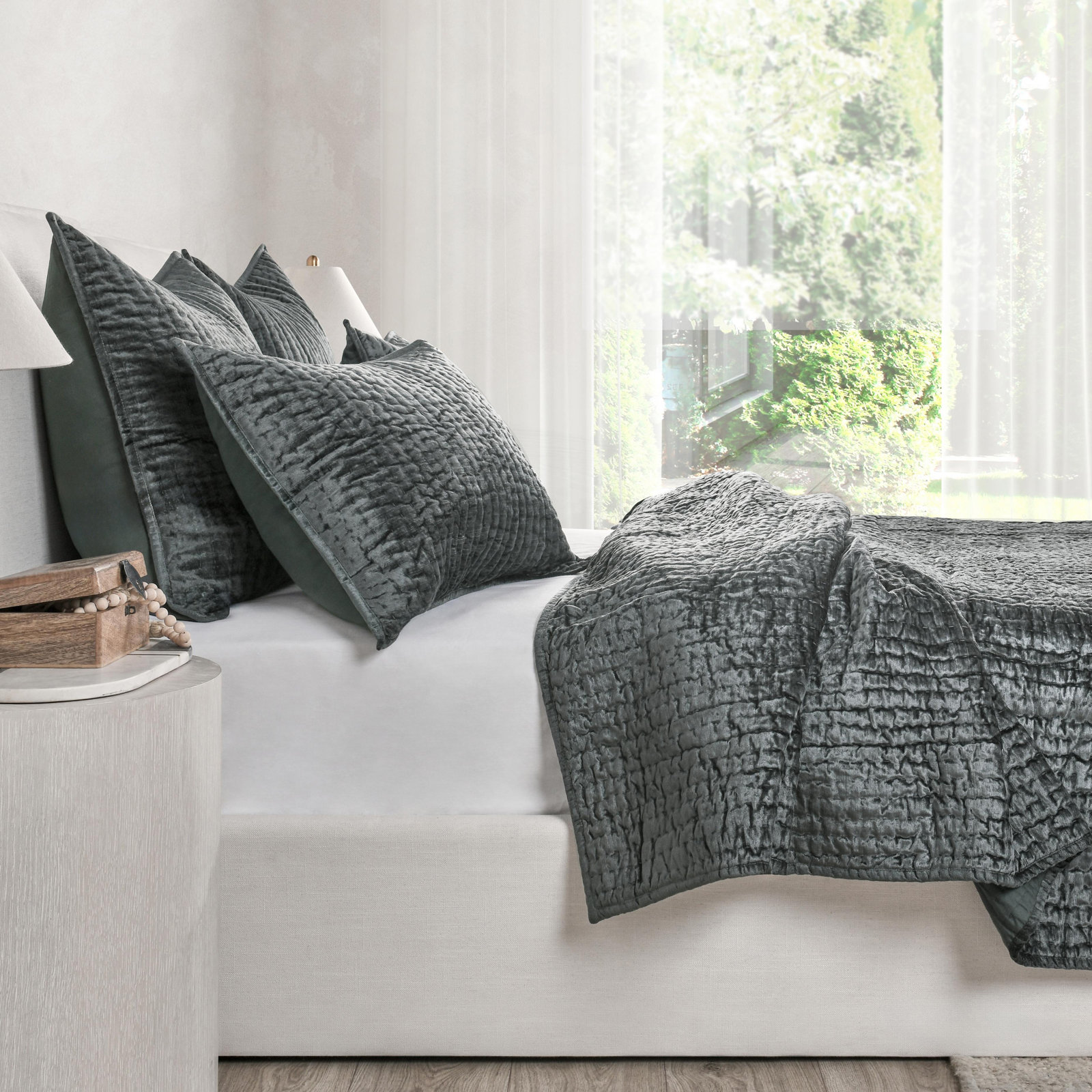 Velvet Quilt Set, King Quilt, Bay Green