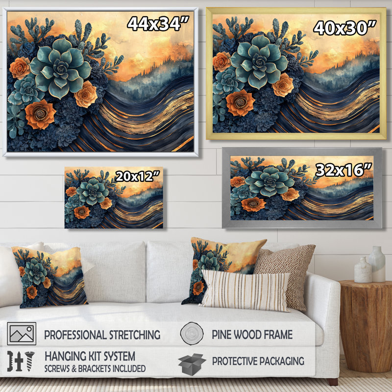 Moheez en bois fleurs succulentes dans la rivière paysage I - art mural succulent, H 30 po x l 40 po, Doré