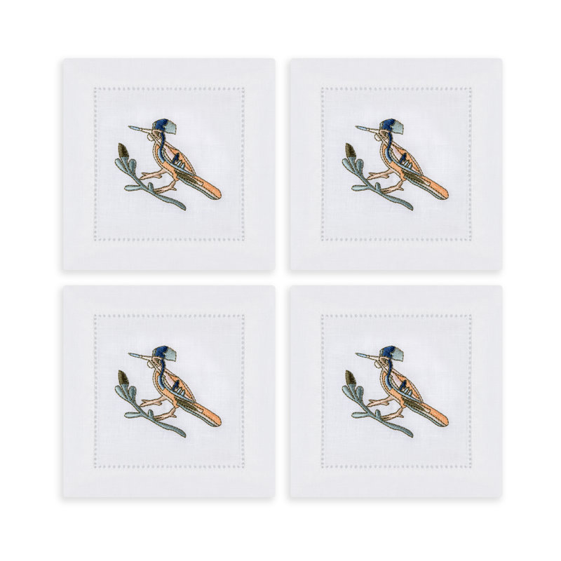 Bird Motif Embroidered Linen Cocktail Napkins