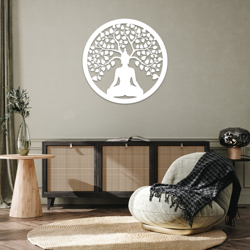 Arbre de vie Bouddha en métal, art mural, H 32 po x l 32 po x P 1 po, Blanc