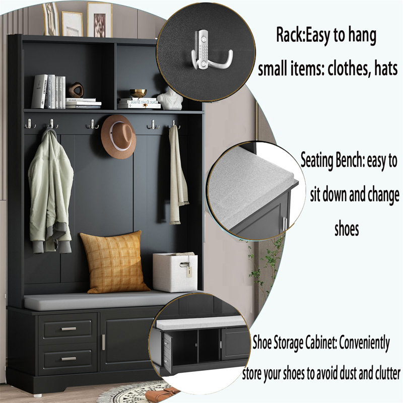 Hall Tree With Storage,Entryway Hall Tree With Bench And Doors,Hall Tree With Bench And Shoe Storage For Home, Black