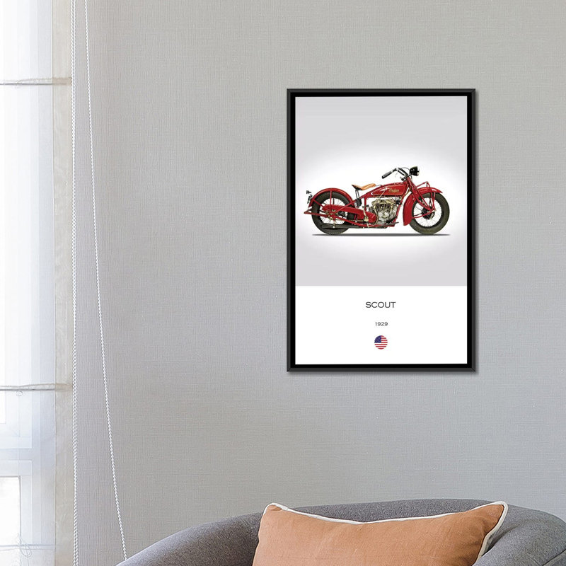 «1929 Indian Scout 101 Moto», impression sur toile, H 26 po x l 18 po x P 1,5 po, Toile avec cadre noir, Pas de tapis