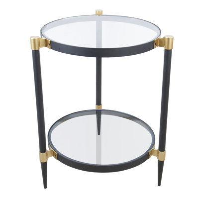 21" Round 2-Tier Tempered Glass End Table, Matte Black & Satin Gold Side Table, Mid-Century Modern Nightstand