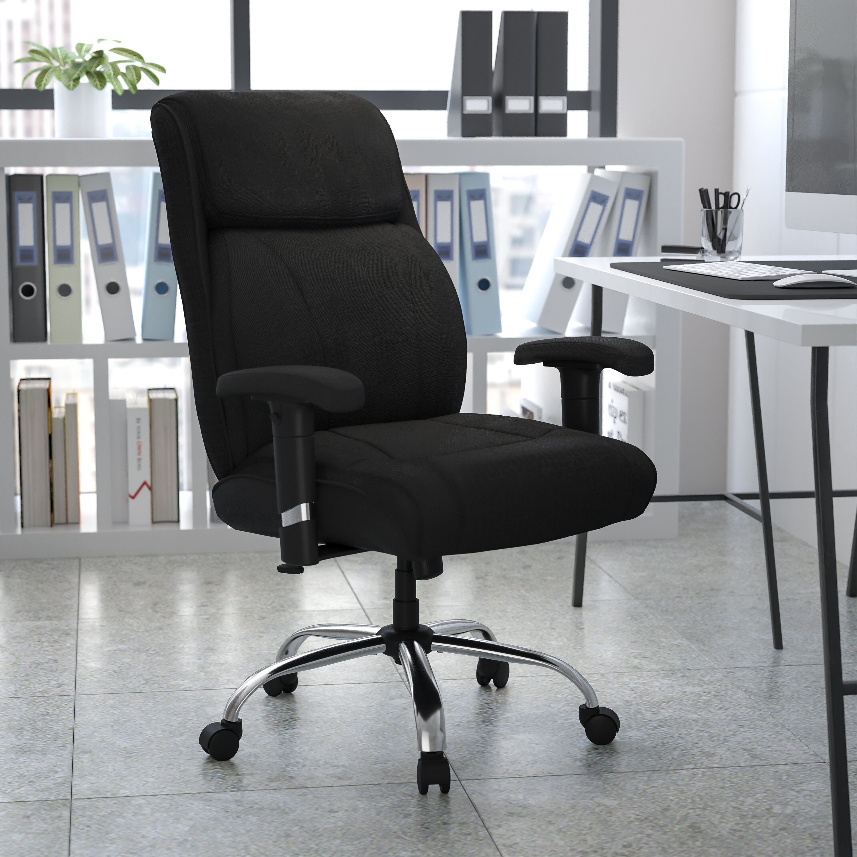 A Line Furniture Werth Big and Tall Black Fabric Executive Swivel Office Chair with Extra Wide Seat and Height Adjustable Arms, Size: 1