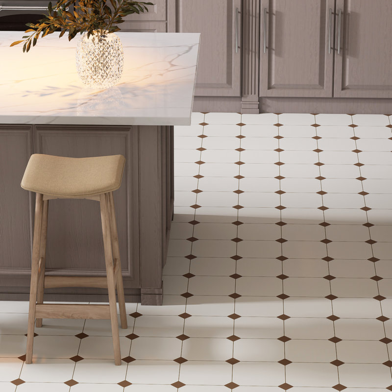Vaudeville Octagon Nacar W/Taco 7-7/8 In. X 7-7/8 In. Porcelain Floor And Wall Tile, White/Brown