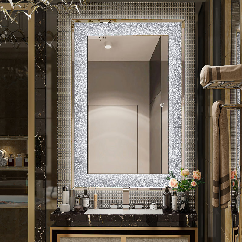 LED Bathroom Mirror, 3-Color Dimmable Lighting, Modern Rectangle Wall Vanity Mirror, Crystal Crush Diamond Mirror