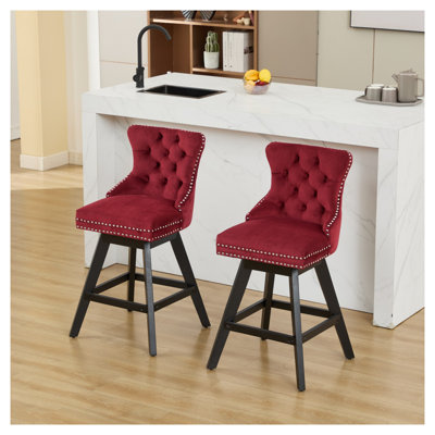 Set of 2 Wine Red Swivel Velvet Barstools with Button Tufting and Rubberwood Base