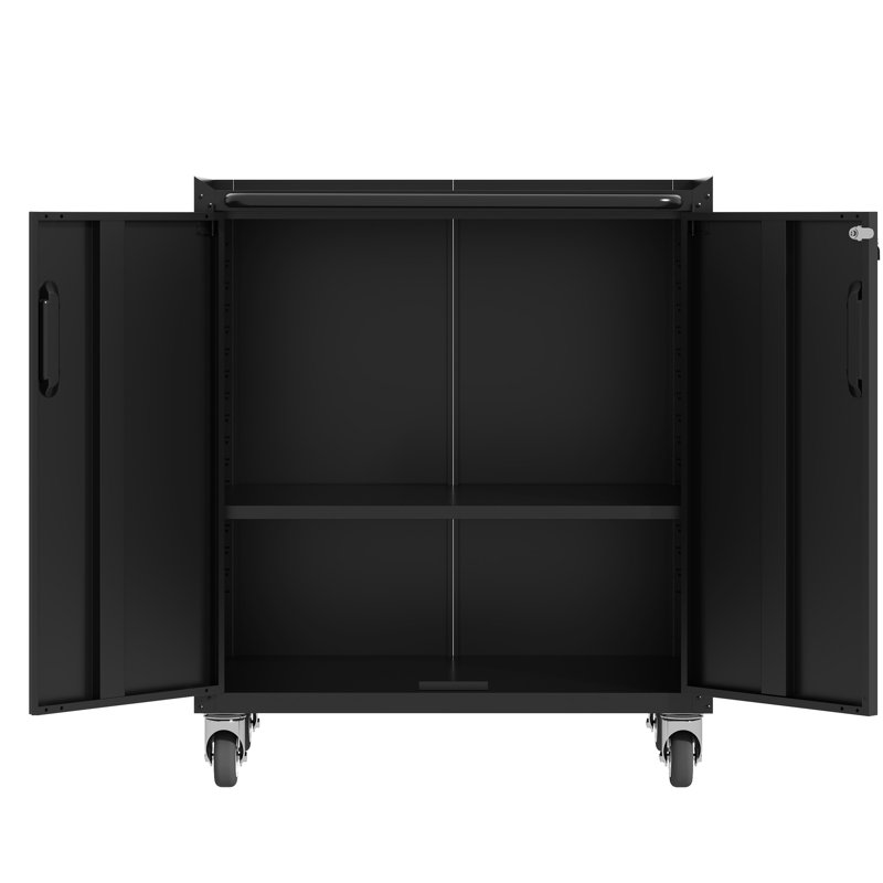 Metal Garage Cabinet With Movable - Robust And For Garage, Office, Home. Adjustable Shelves, Lockable Rolling Wheels Convenience, Raised Surface To Keep Items Stable, Chest. Black Steel. 30.02"W X