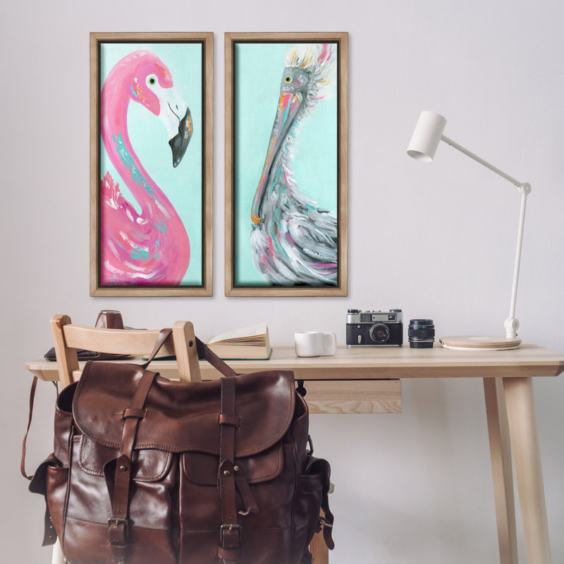 «Odd Flamingo Pelican Profile», ensemble de 2 toiles flottantes encadrées par Estelle Grengs, Cadre flottant orme Montalcino