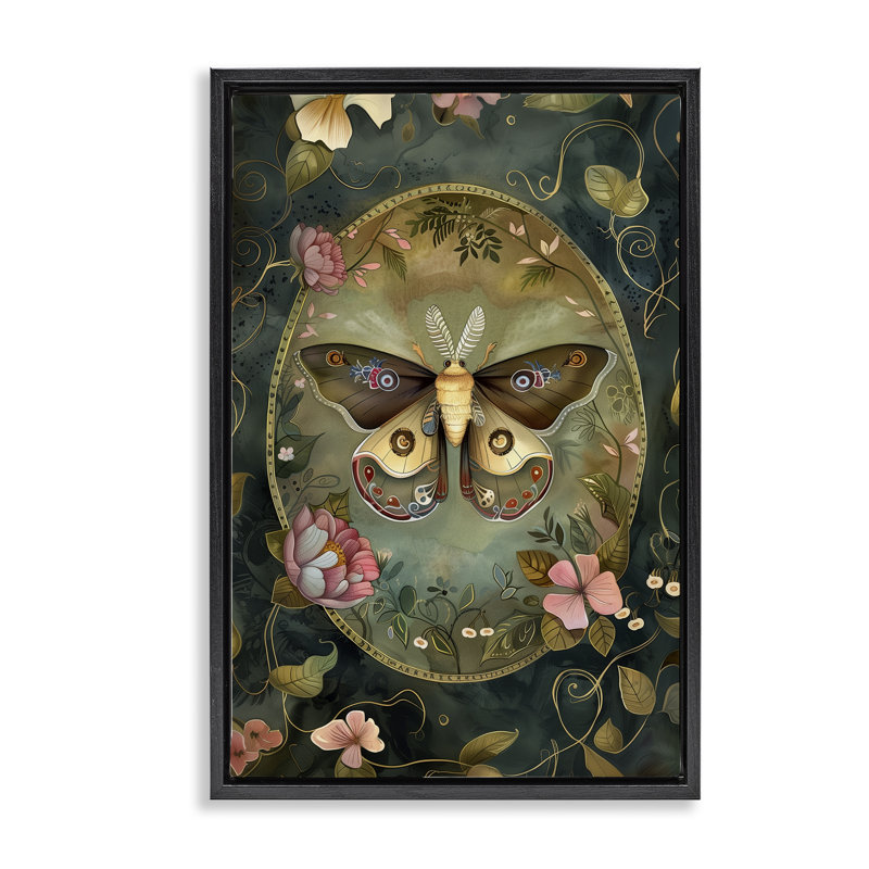 Cadre flottant orné de papillon de nuit victorien, design par The Dutch Lady, Cadre flottant noir de jais, H 25 po x l 17 po