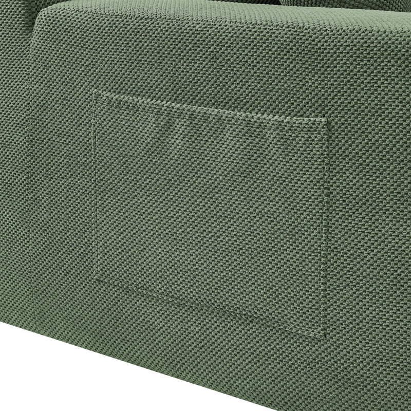 Canapé modulaire rembourré désossé à grain de café avec extension instantanée, sans assemblage requis, poches latérales intégrées et coussins décoratifs inclus.