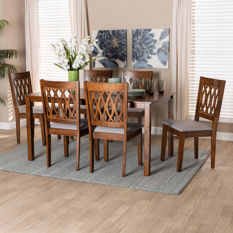 6 - Person Four Leg Dining Set,  Walnut Brown,  Walnut Brown/Gray