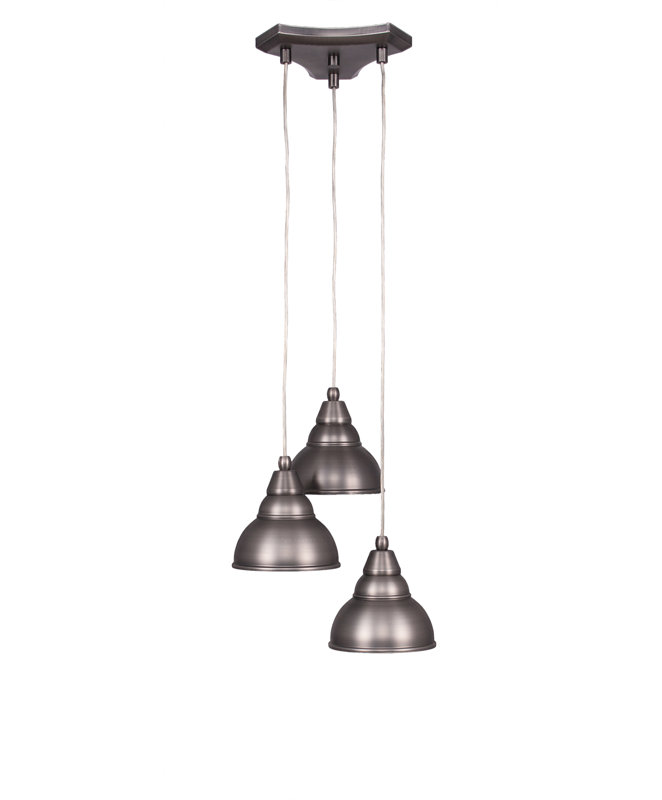 Luminaire suspendu en grappe de cordon 3 lumières Europa au fini nickel brossé avec abat-jour en métal à double bulles en nickel brossé de 7 po