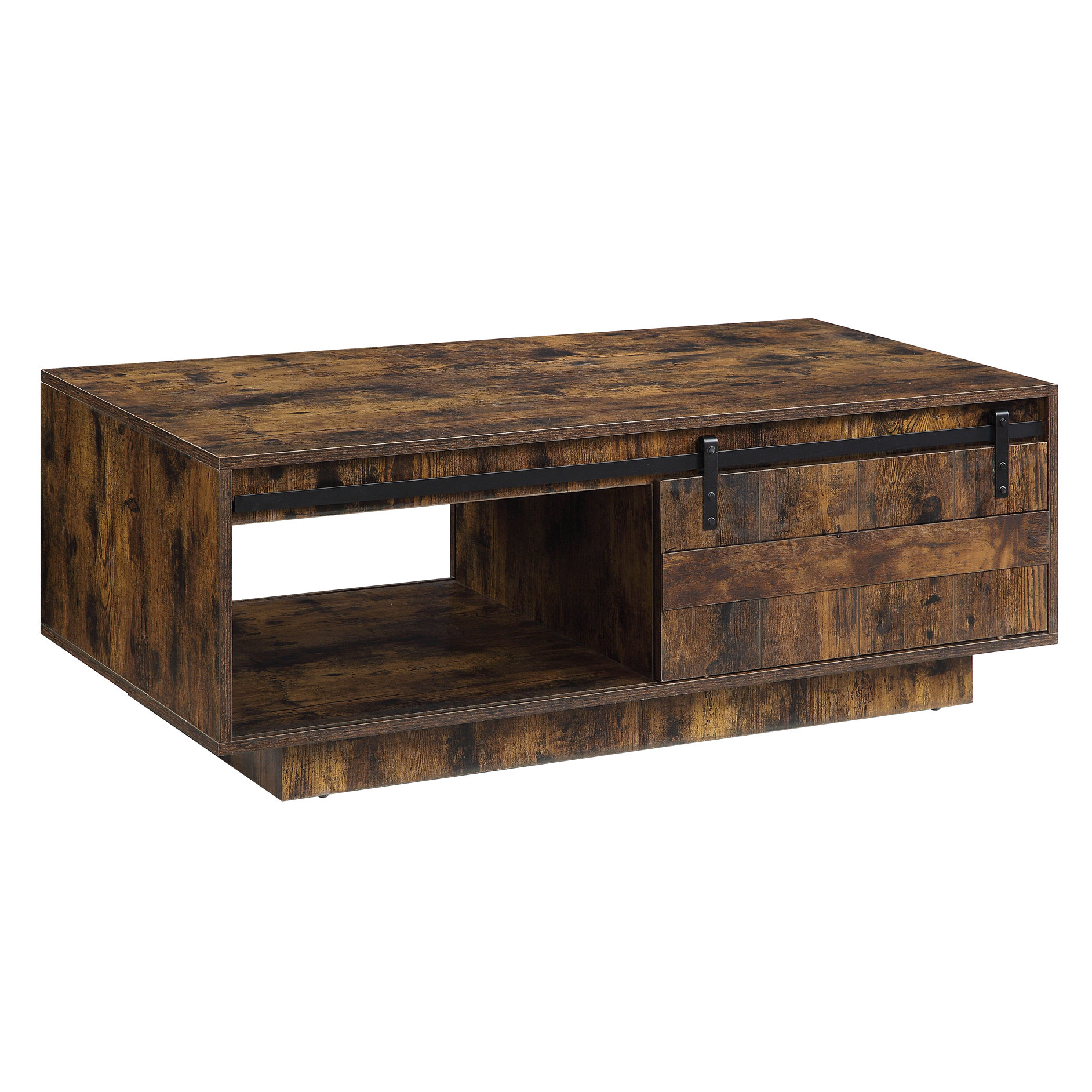 August Grove® Coffee Table In Rustic Oak Finish, Barn Door And Drawer ...