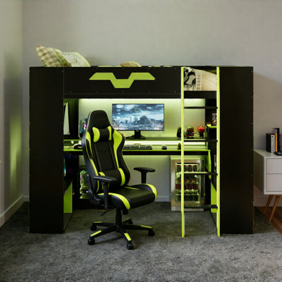 Lit mezzanine Modern Gaming avec bureau d'ordinateur intégré, support pour moniteur lumineux, prises de courant et tablettes de rangement