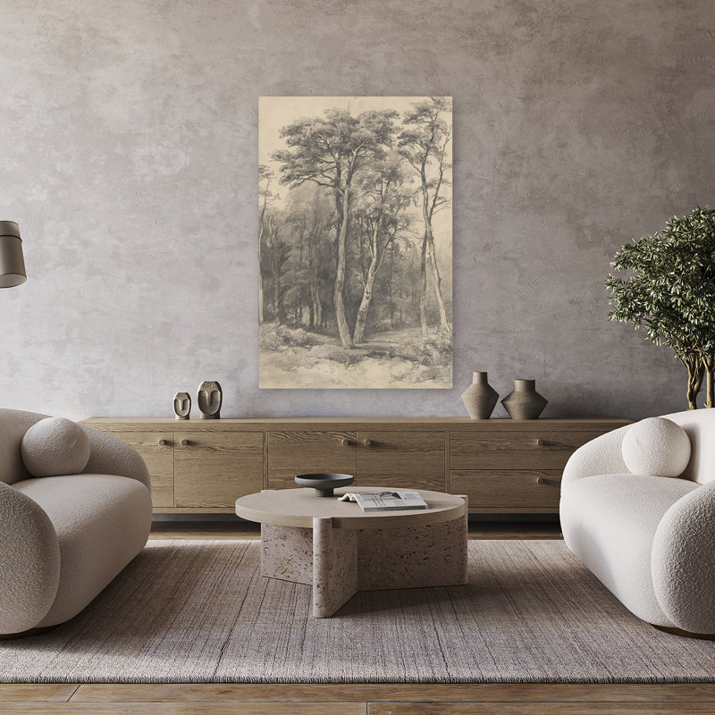 Croquis d'arbre rétro - dessin contemporain au crayon de grands arbres, scène de forêt, H 32 po x l 48 po