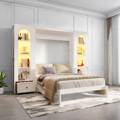 Grand lit plateforme escamotable avec tablette, armoires latérales, tiroirs et DEL