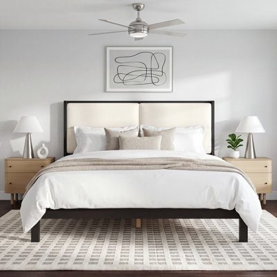 Solid Wood Queen Size Platform Bed Frame with Beige Velvet Upholstered Headboard, Black, No Box Spring Needed