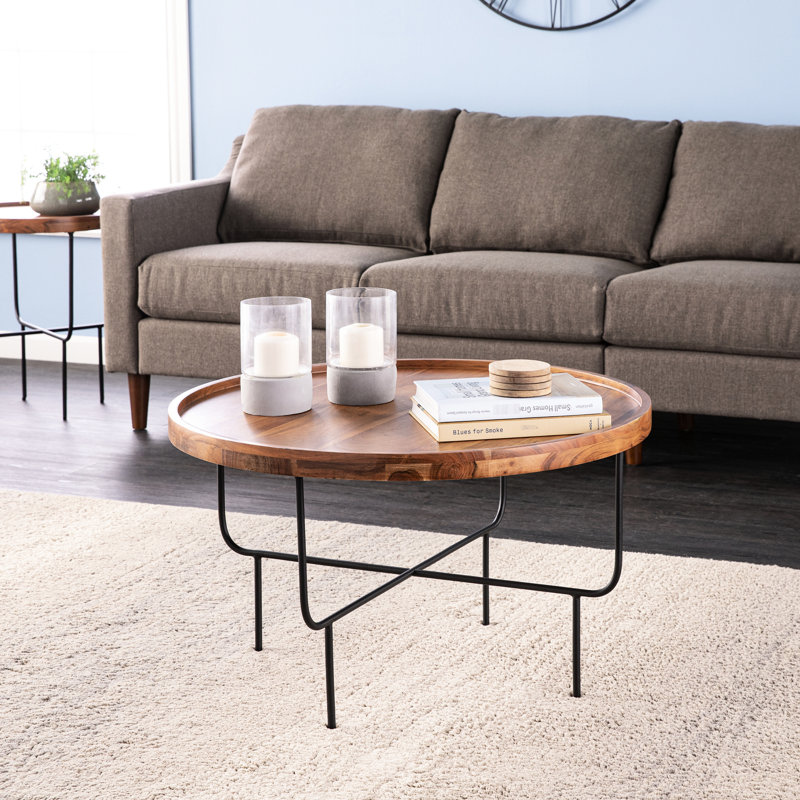 Table basse chic en bois - support en fer, plateau spacieux, largeur de 31,91 po, foyer au style moderne en bois massif, base, longueur, option de chauffage extérieur élégant