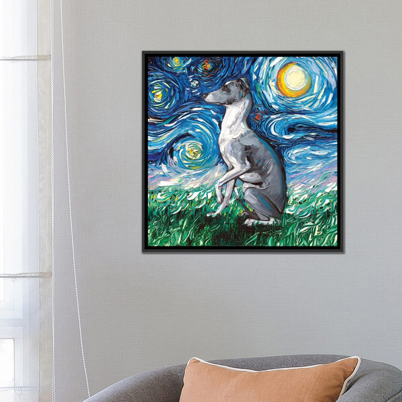 «Whippet Night» par Aja Trêves - reproduction d'art, H 26 po x l 26 po x P 1,5 po, Toile avec cadre noir, Pas de tapis