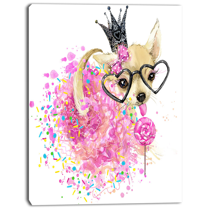 «Cute Dog with Crown and Glasses», reproduction d'art sur toile tendue, H 20 po x l 12 po x P 1po
