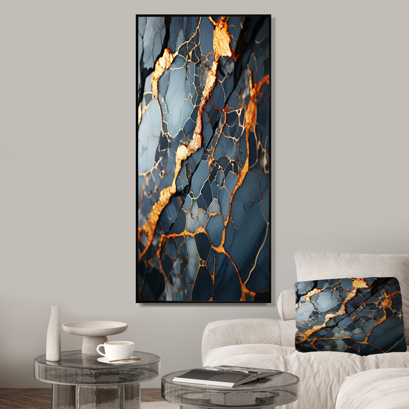 Gris et or abstrait marbre granit III - reproduction d'art abstrait mural, Cadre flottant noir, H 20 po x l 12 po x P 1 po