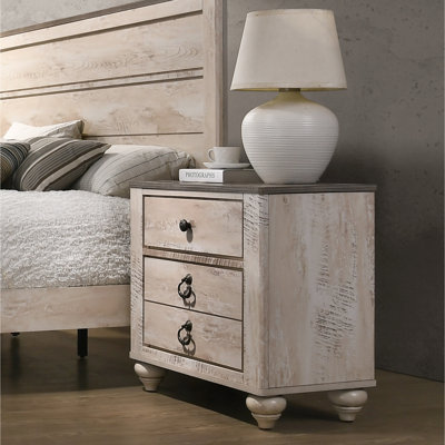 Table de chevet contemporaine 3, finition brun antique, avec plateau en bois patiné et tiroir lisse pour la chambre à coucher, table de chevet de style rustique en brun, fabrication durable
