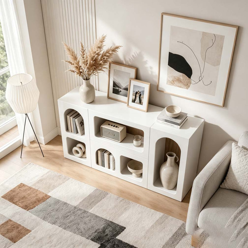 Console en bois, canapé moderne