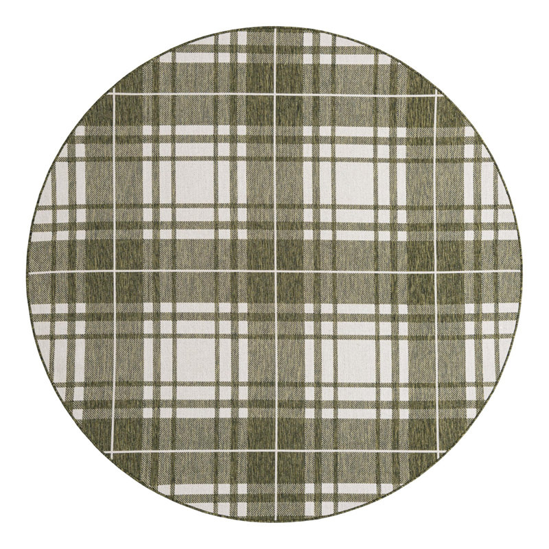 Tatasha Plaid Power Loom Polypropylene Plastic Indoor/Outdoor Area Rug in White/Green, Round 7'10"