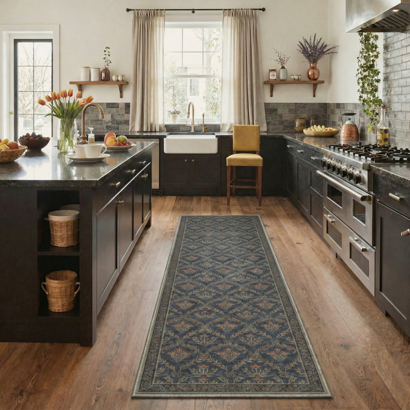 Floriana Floral Machine Washable Navy Indoor Area Rug With Non-Slip Backing, Runner 2' x 7'