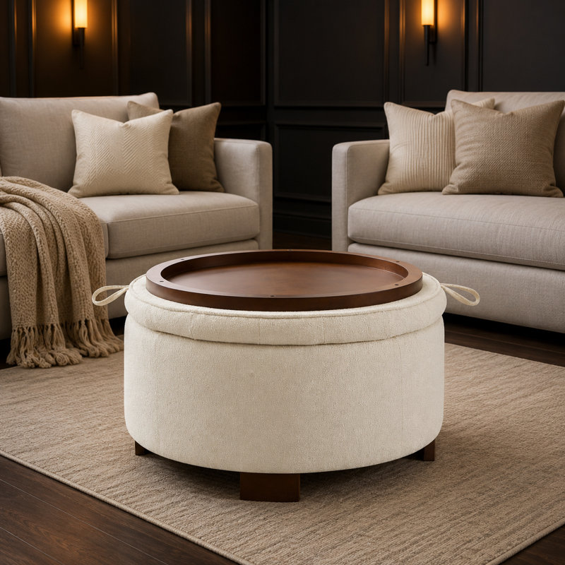 Repose-pieds rond multifonctionnel avec couvercle rabattable réversible, repose-pieds moelleux rembourré avec compartiment de rangement caché spacieux, pieds robustes en bois durable, siège supplémentaire double usage