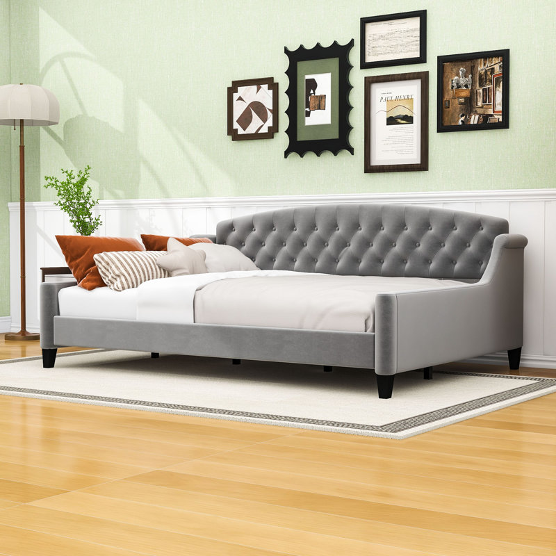 Full Size Upholstered Daybed with Button-Tufted Backrest, Gray