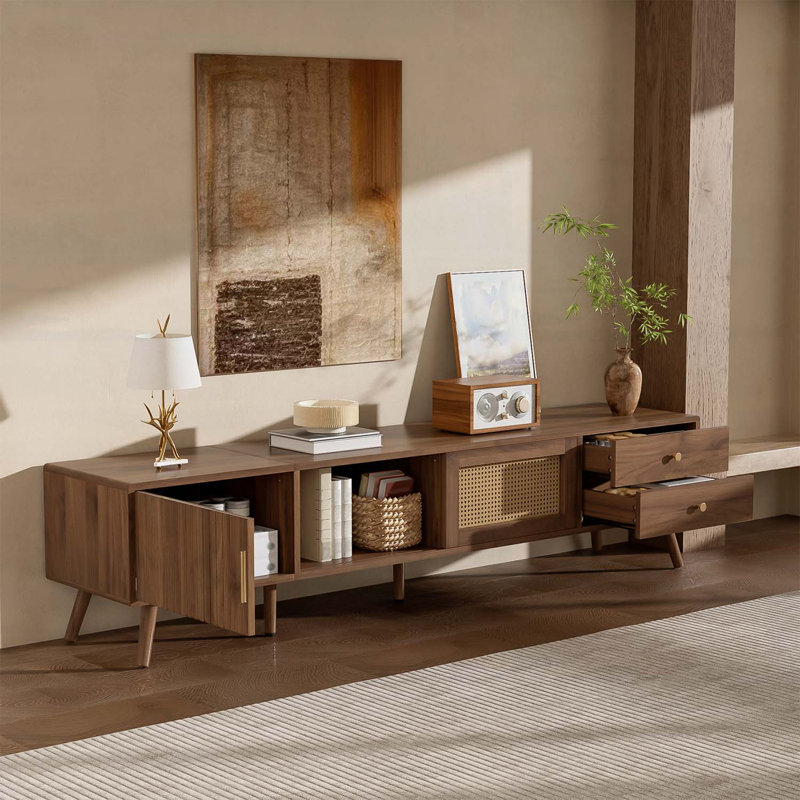 Meuble télé 76 po Modern Rattan Doors, meuble audio-vidéo en bois avec rangement, console média pour le salon