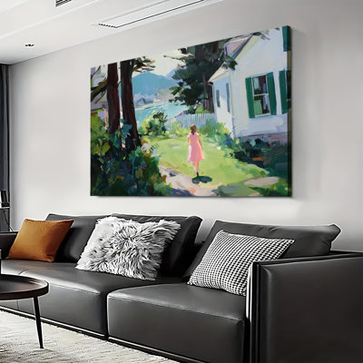 Soft Abstract Cozy Cottage Green Lake House Landscape, Large Gallery Wrapped Canvas Wall Art Print for Living Room & Bedroom