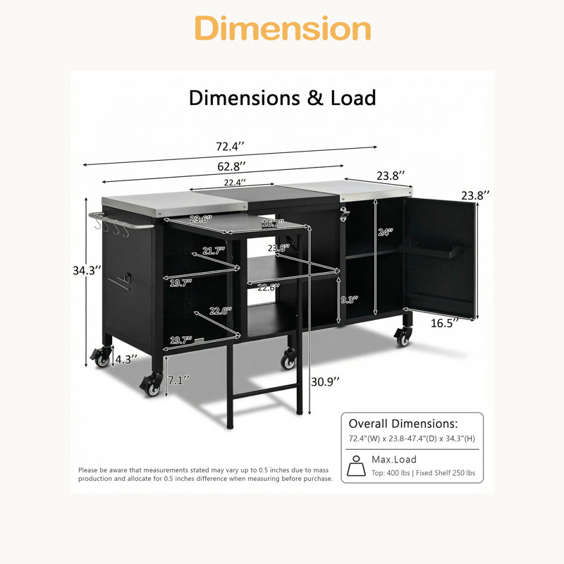 Grande table de barbecue de 72,4 po pour grand gros œuf vert, chariot de barbecue extérieur en métal avec table de préparation escamotable, tablettes réglables, support à épices