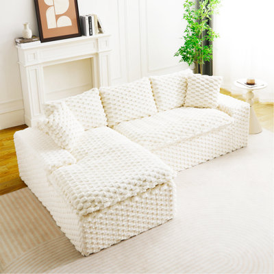 Canapé polyvalent en velours blanc tortue: siège convertible à deux places avec méridienne gauche (inclinable à gauche pour plus de confort), avec siège en face à face, permutable entre la forme en L et la droite